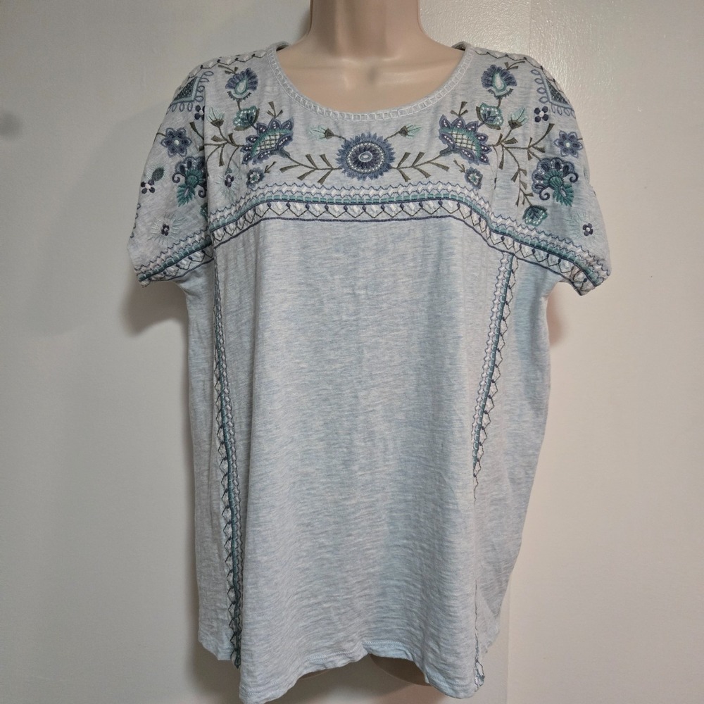 J Jill Sz M Heather Blue Embroidered Floral Short Sleeve Tunic Top BoHo Peasant